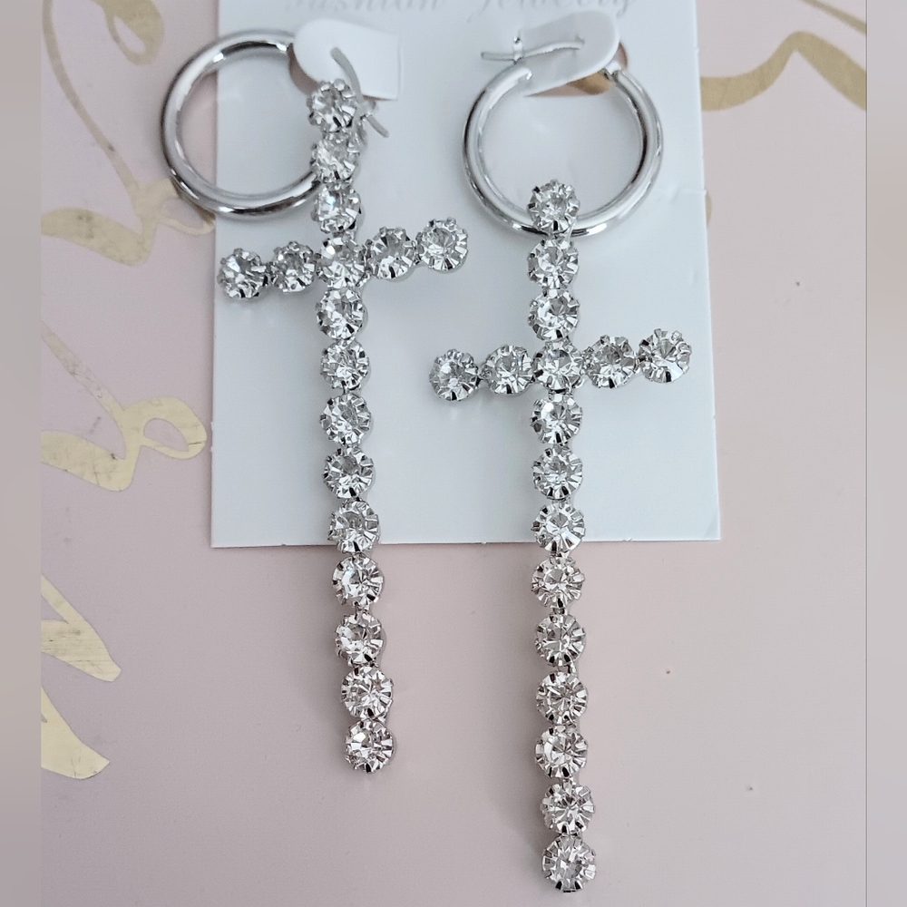 Glamorous Silver Rhinestone Cross Earrings